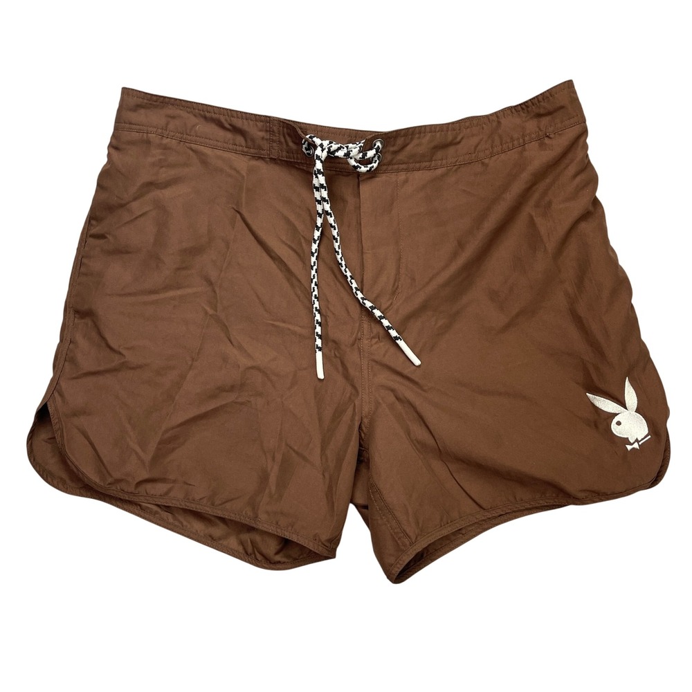 Playboy Shorts Women L Brown PacSun Mesh Lined Elastic Waist Casual EUC
